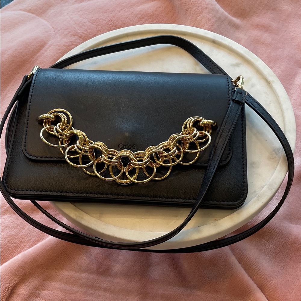 Chloe Black Crossbody Bag with Gold Chain Accent - Picture 1 of 15